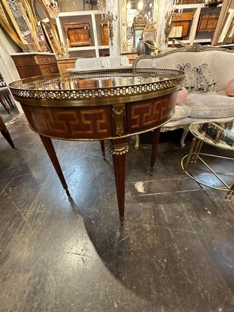 Brass MCM French Empire Style Mahogany Inlaid Bouilotte Table For Sale