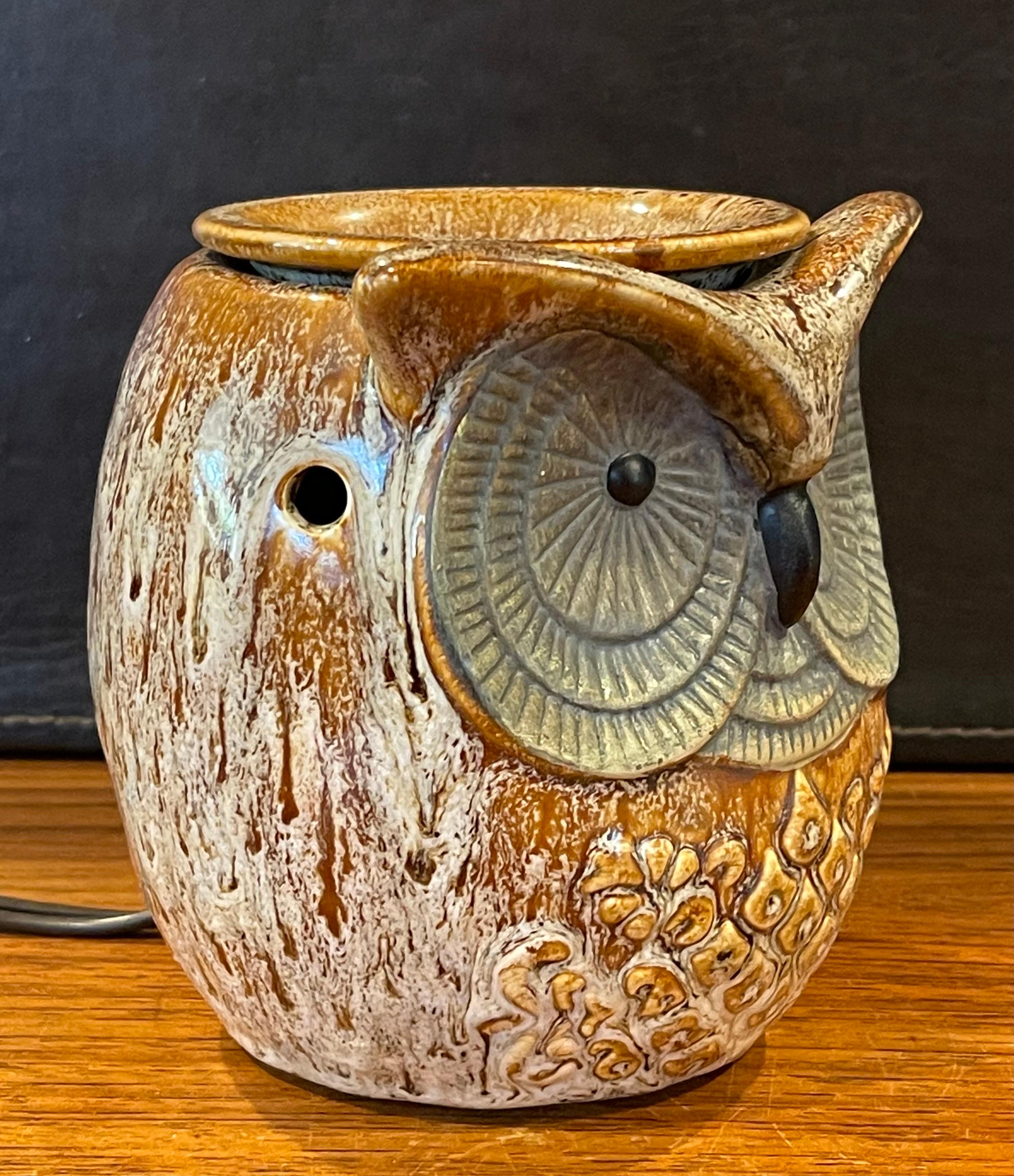 Metal MCM Glazed Ceramic Pottery Owl Table Lamp