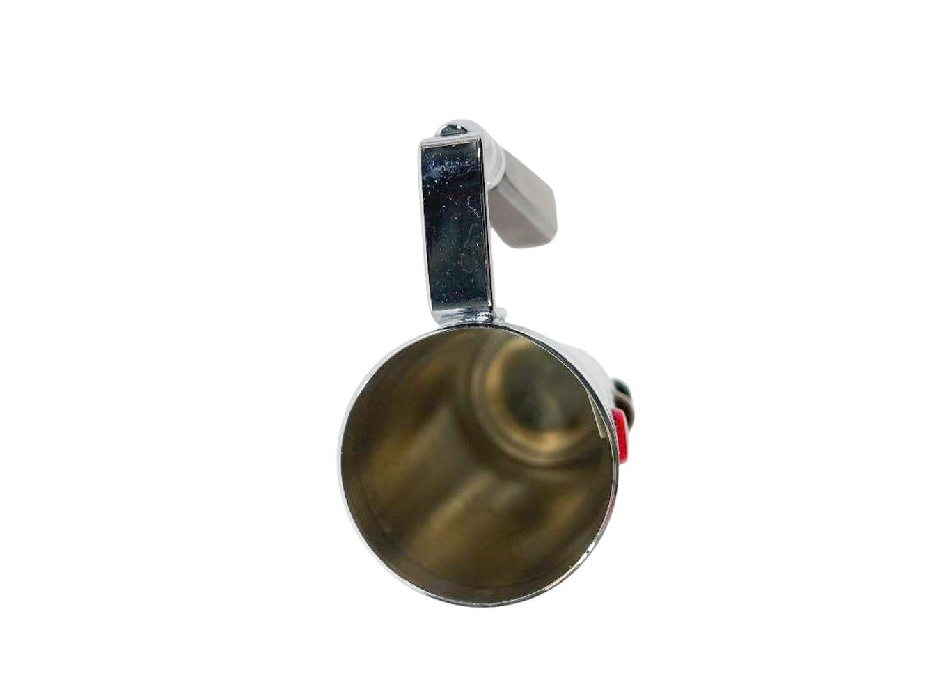 Mid-Century Modern spirit measure / jigger by Glo-Hill in the form of a traffic light - the chromed cylinder with applied green, yellow and red lights up one side and engraved with the words 