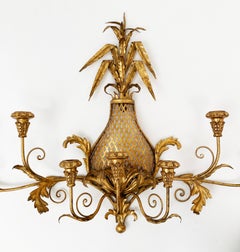 MCM Gold vergoldeter Hollywood Regency Ananas 7 Kerzenhalter-Wandleuchter, Hollywood Regency