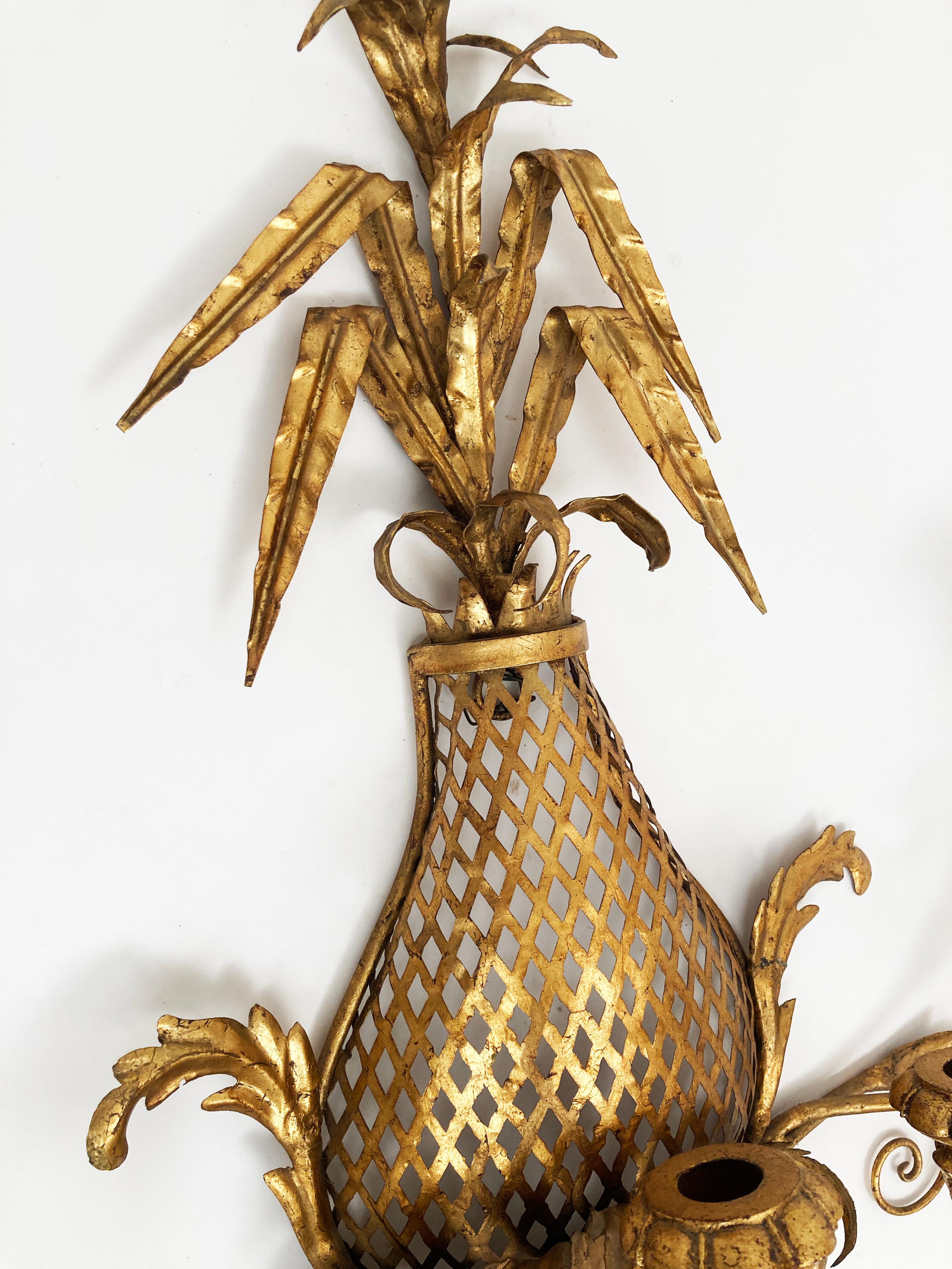 MCM Gold Gilt Hollywood Regency Pineapple 7 Candleholder Wall Sconce For Sale 2