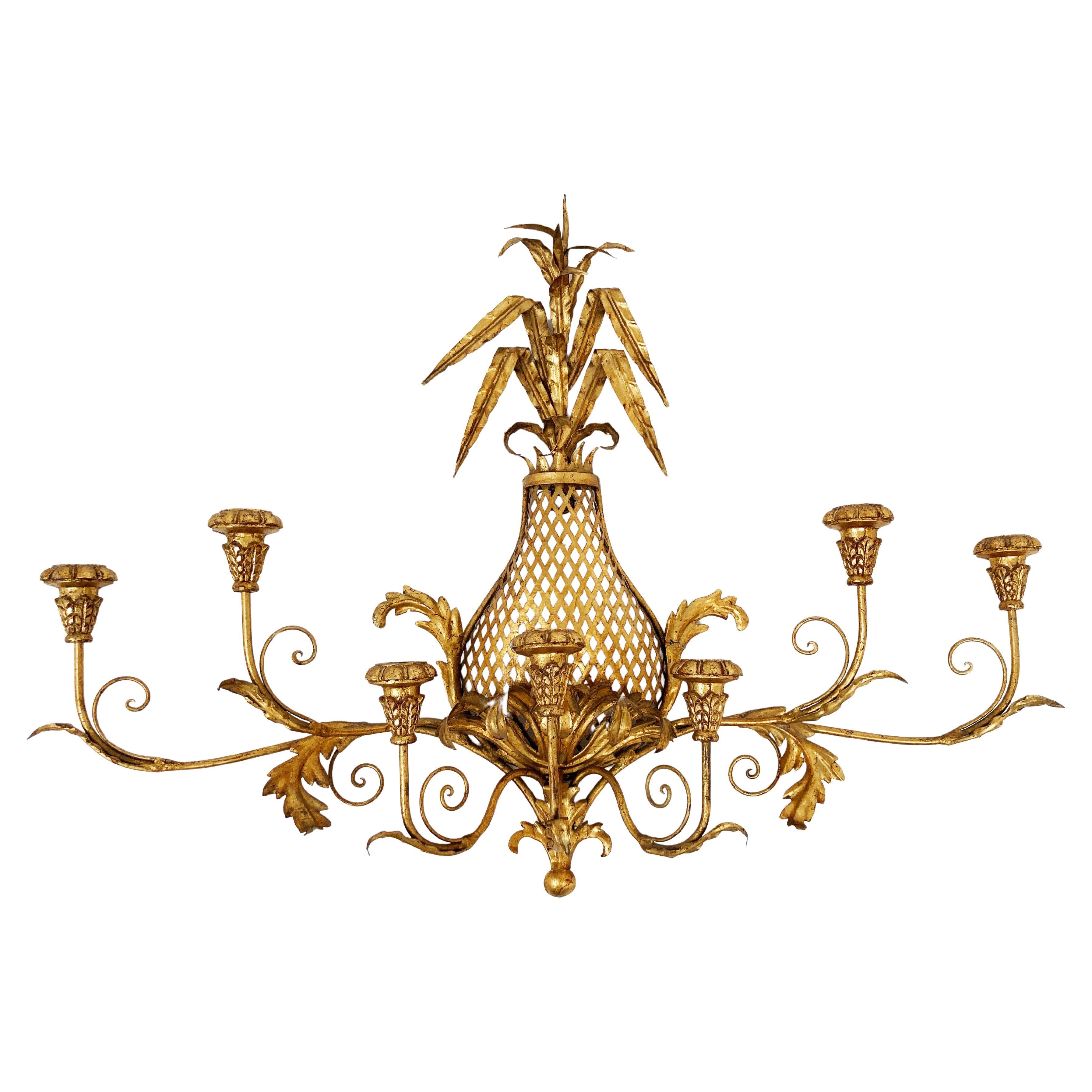 MCM Gold Gilt Hollywood Regency Pineapple 7 Candleholder Wall Sconce For Sale