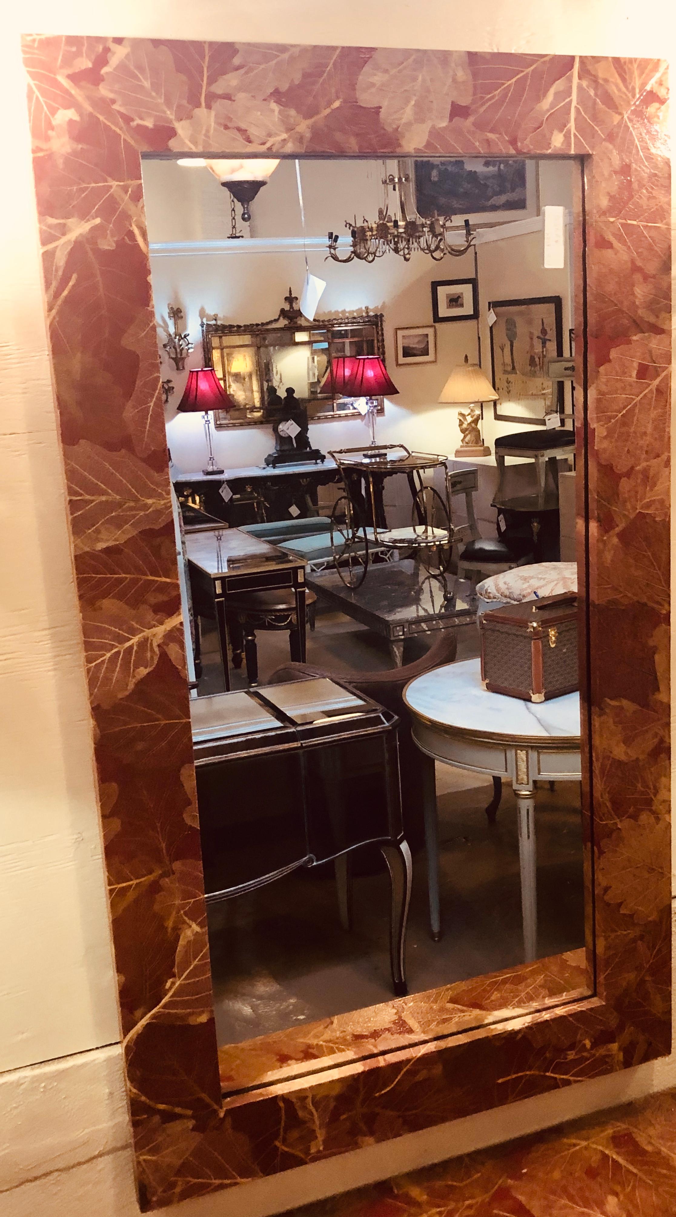 MCM Gold Leave Design Decoupage Painted Console Vanity with Matching Mirror In Good Condition For Sale In Stamford, CT