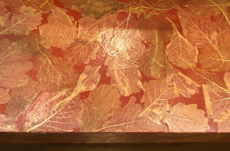 MCM Gold Leave Design Decoupage Painted Console Vanity with Matching Mirror For Sale at 1stDibs