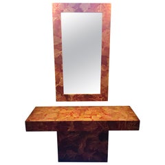 MCM Gold Leave Design Decoupage Painted Console Vanity with Matching Mirror