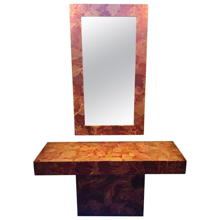 MCM Gold Leave Design Decoupage Painted Console Vanity with Matching Mirror For Sale at 1stDibs