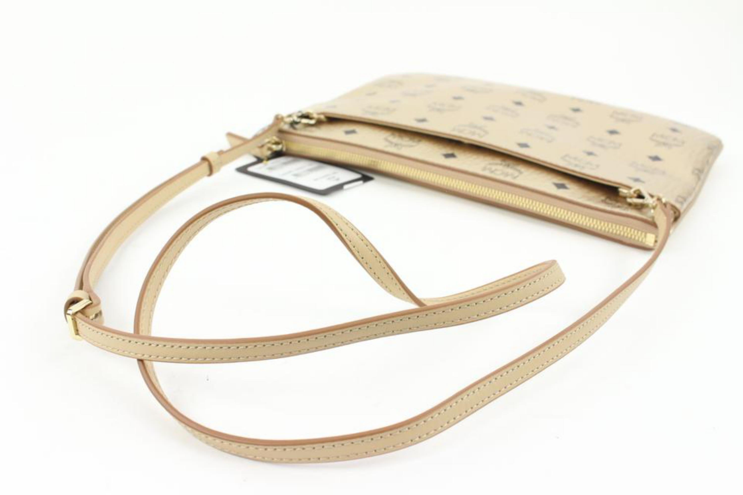 MCM Gold Monogram Visetos Logo Crossbody Pouch Bag Pochette 114m59 In New Condition In Dix hills, NY