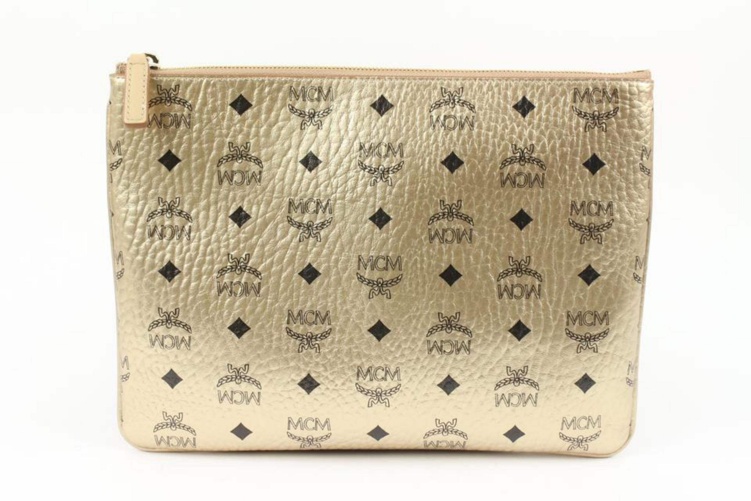 Women's MCM Gold Monogram Visetos Logo Crossbody Pouch Bag Pochette 114m59