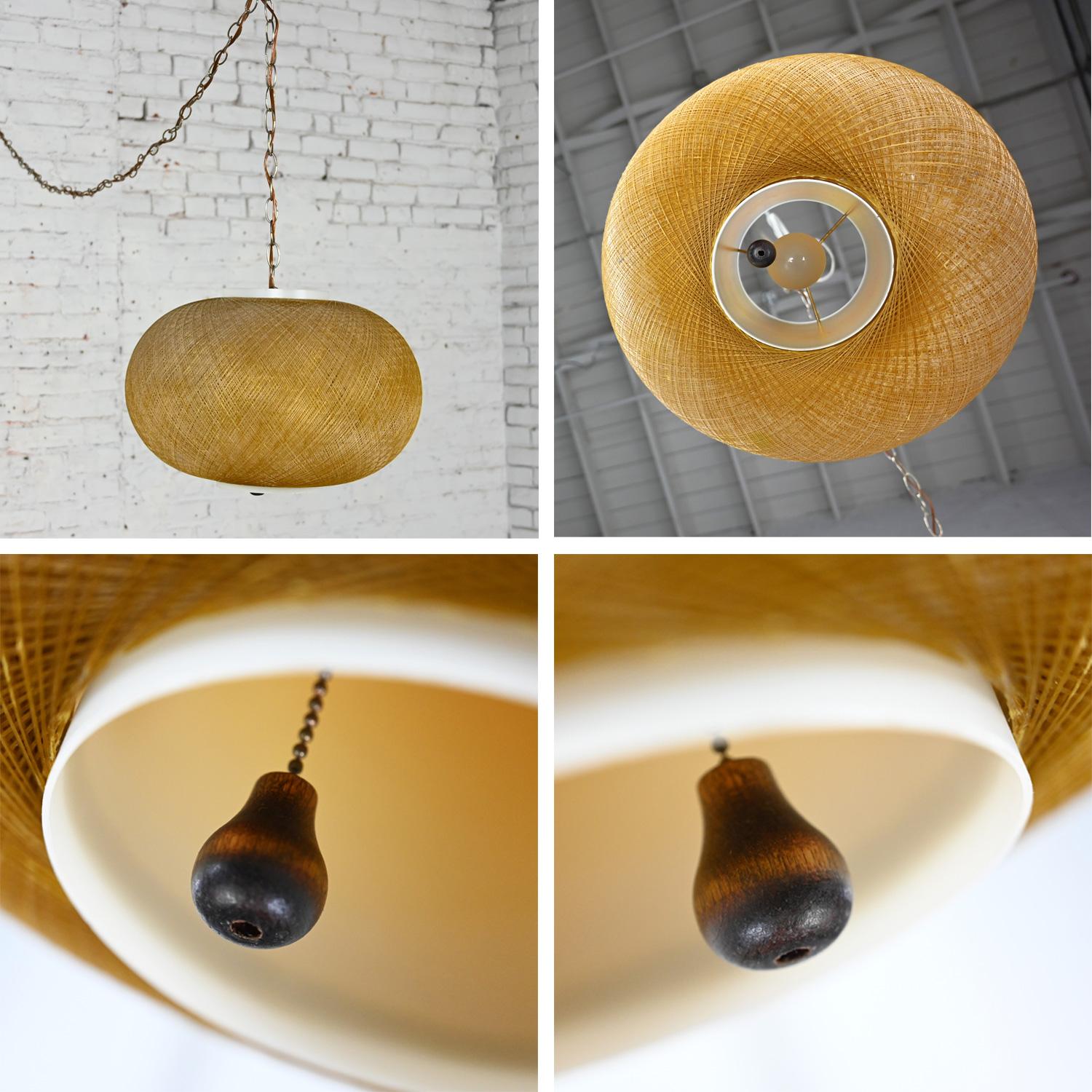 20th Century MCM Gold Spun Fiberglass String Swag Pendant Hanging Light Fixture or Lamp For Sale