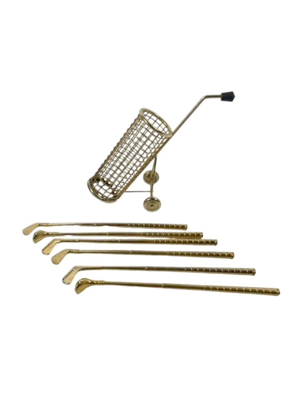 Mid-Century Modern MCM Gold-Toned Golf Club Cocktail Stirrers in a Golf Bag Holder