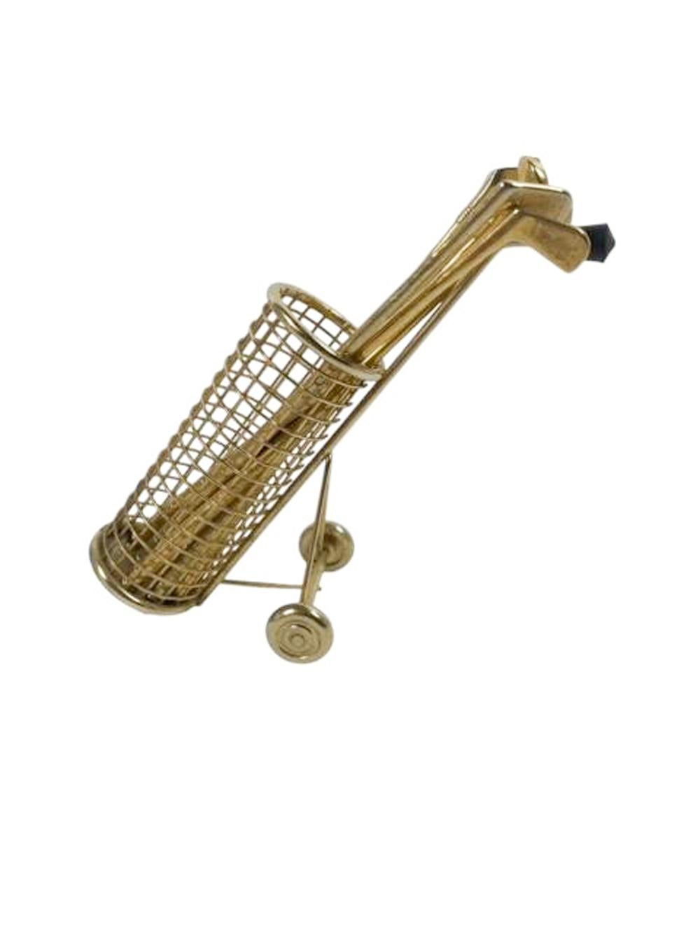 American MCM Gold-Toned Golf Club Cocktail Stirrers in a Golf Bag Holder