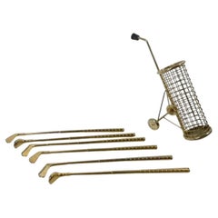 MCM Gold-Toned Golf Club Cocktail Stirrers in a Golf Bag Holder
