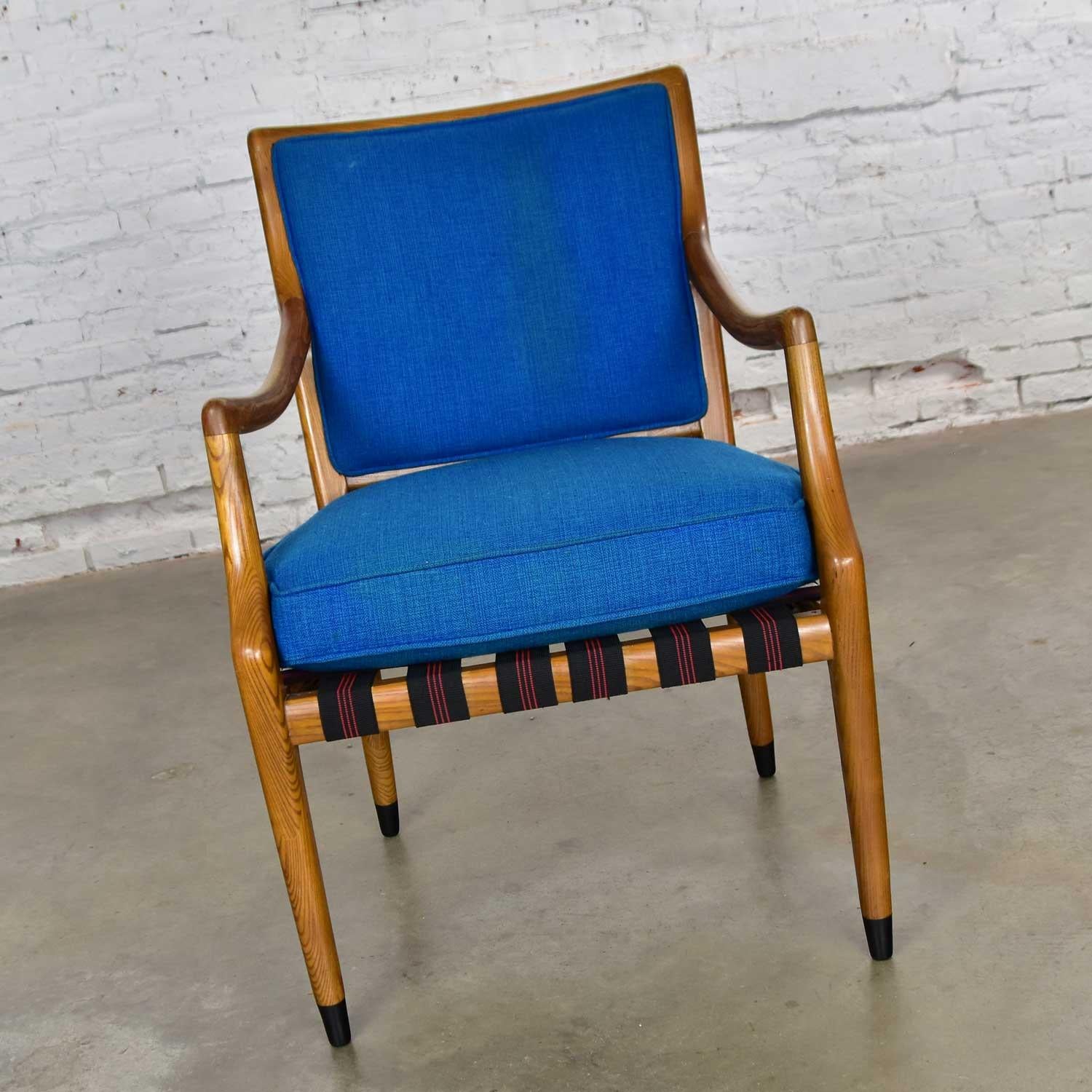Gorgeous Mid-Century Modern Grand Haven dining or accent chair designed by Jack Van Der Molen for Jamestown Lounge Company. Beautiful vintage condition. We had the foam replaced in the original cushion, but it still wears its original blue hopsack