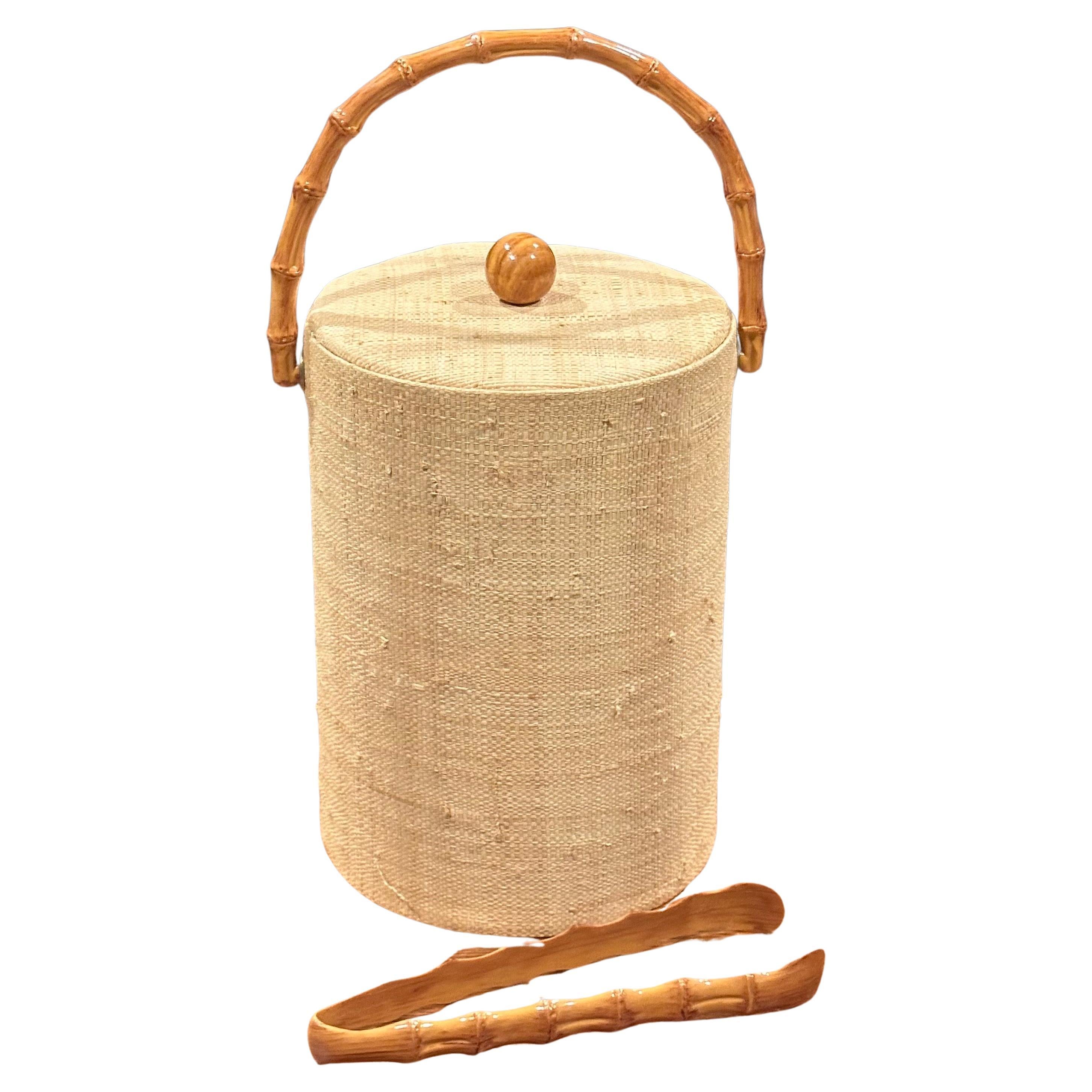 MCM Grass Cloth and Bamboo Ice Bucket with Tongs For Sale 4