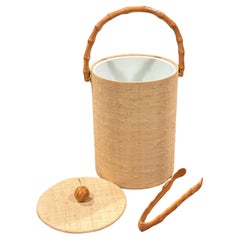 MCM Grass Cloth and Bamboo Ice Bucket with Tongs
