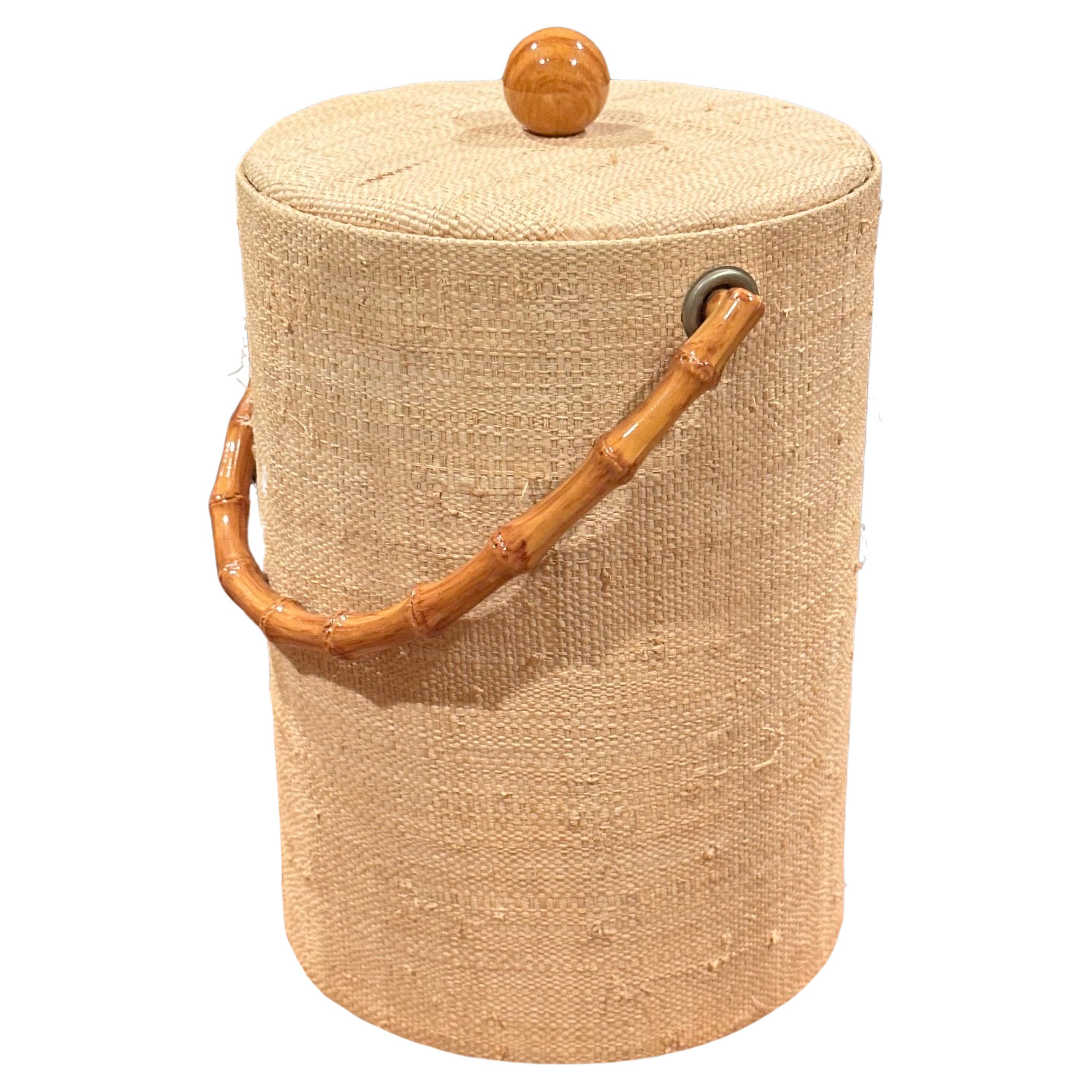 Mid-Century Modern MCM Grass Cloth and Bamboo Ice Bucket with Tongs For Sale