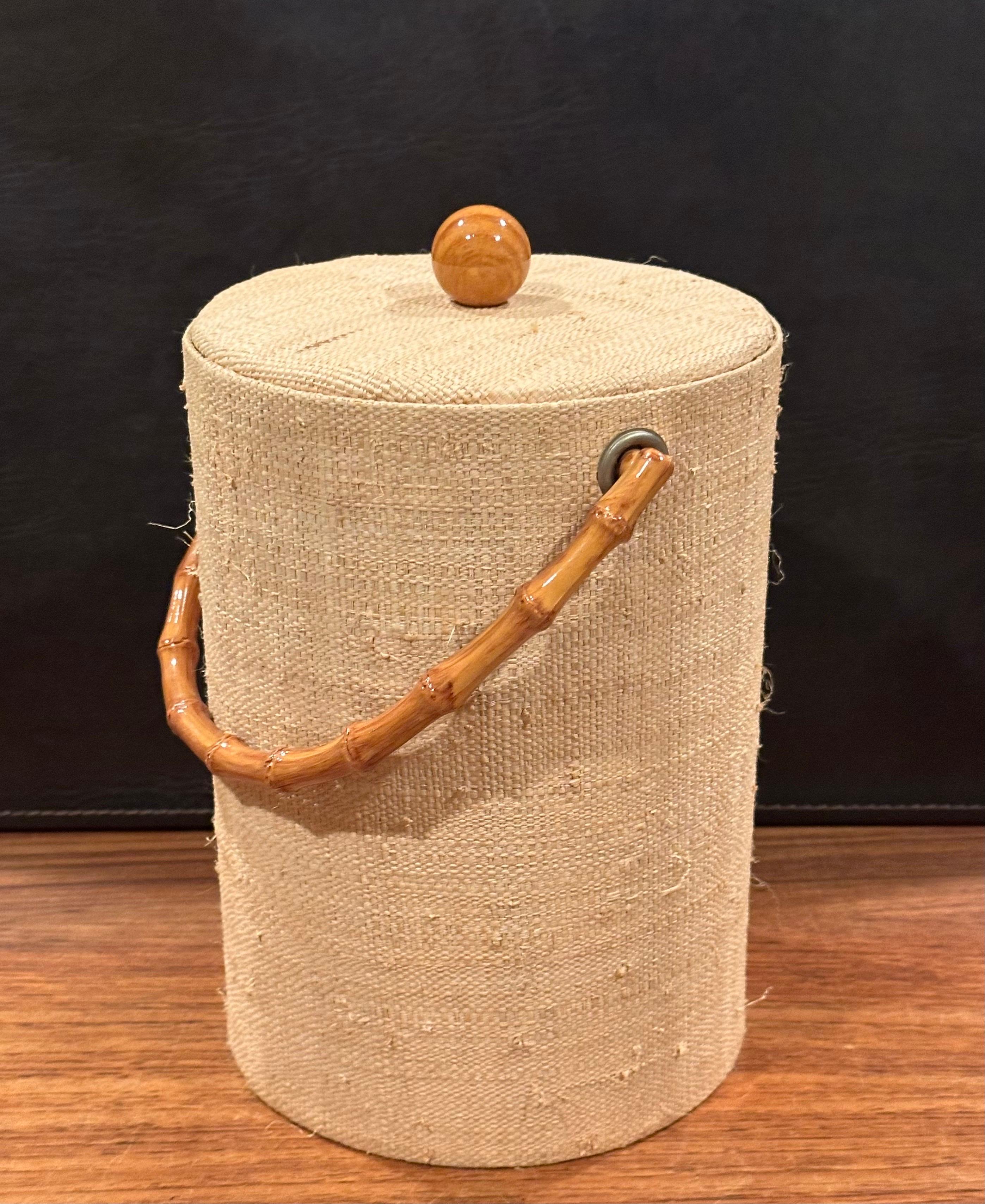 MCM Grass Cloth and Bamboo Ice Bucket with Tongs In Good Condition For Sale In San Diego, CA