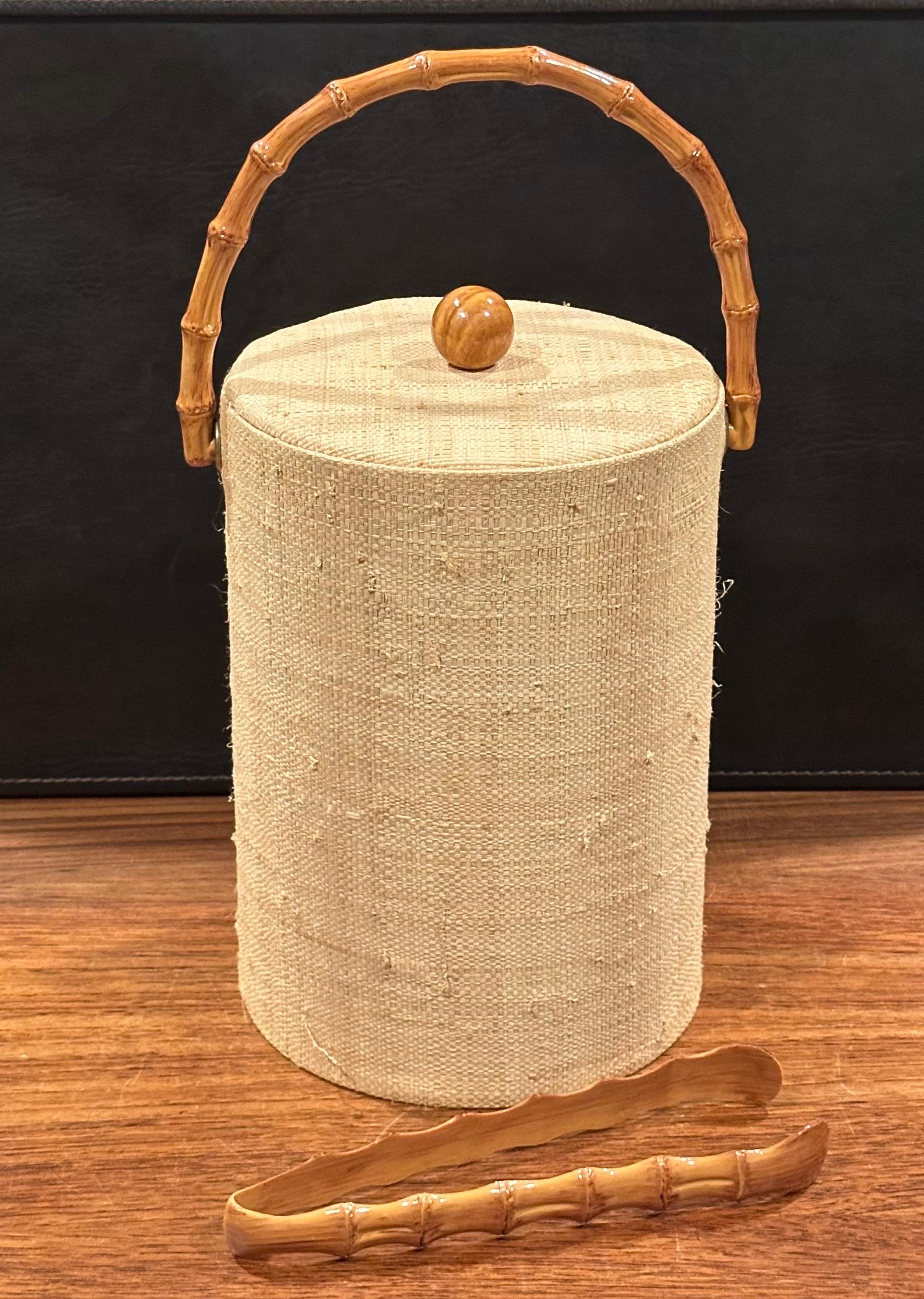 20th Century MCM Grass Cloth and Bamboo Ice Bucket with Tongs For Sale