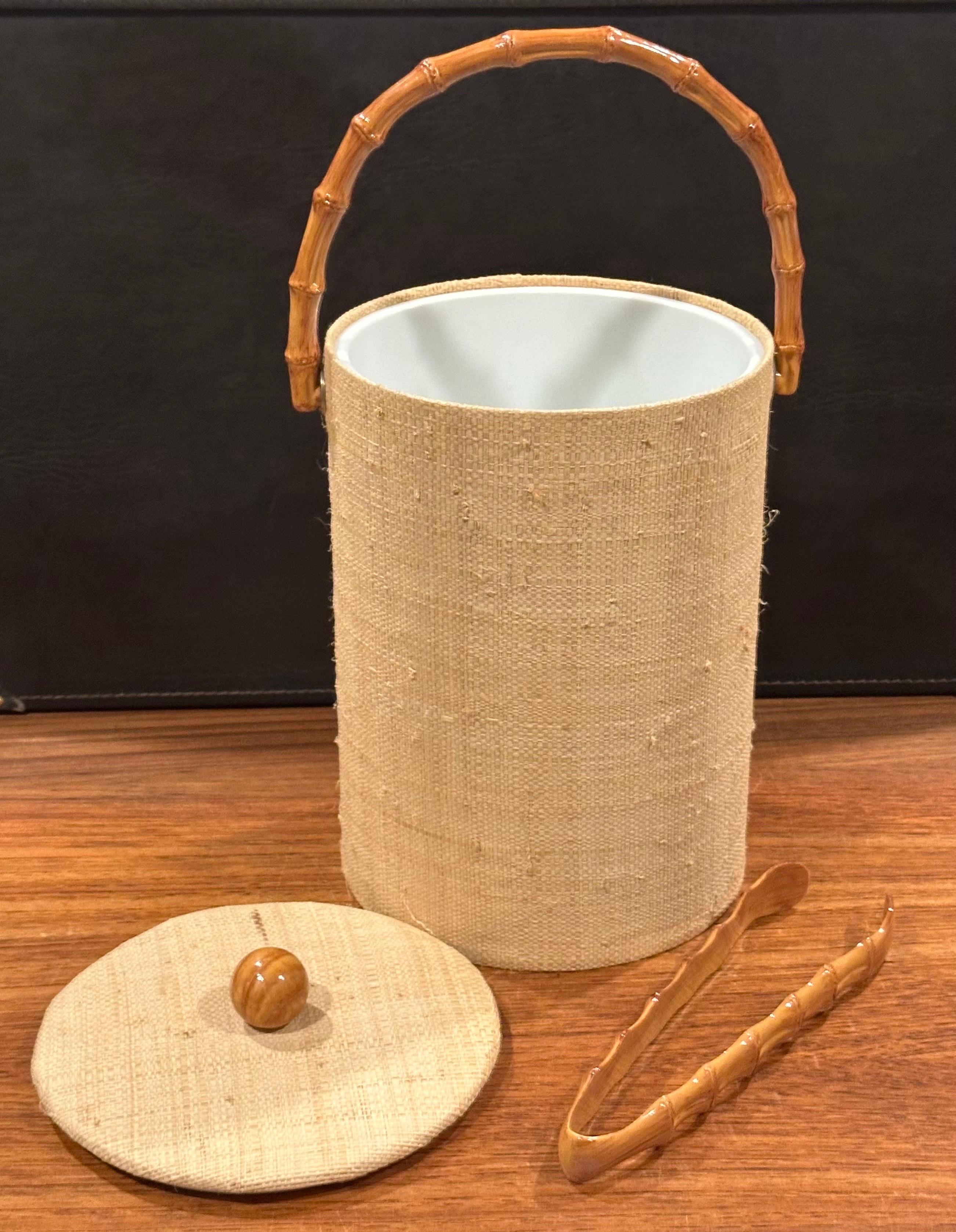 Grasscloth MCM Grass Cloth and Bamboo Ice Bucket with Tongs For Sale
