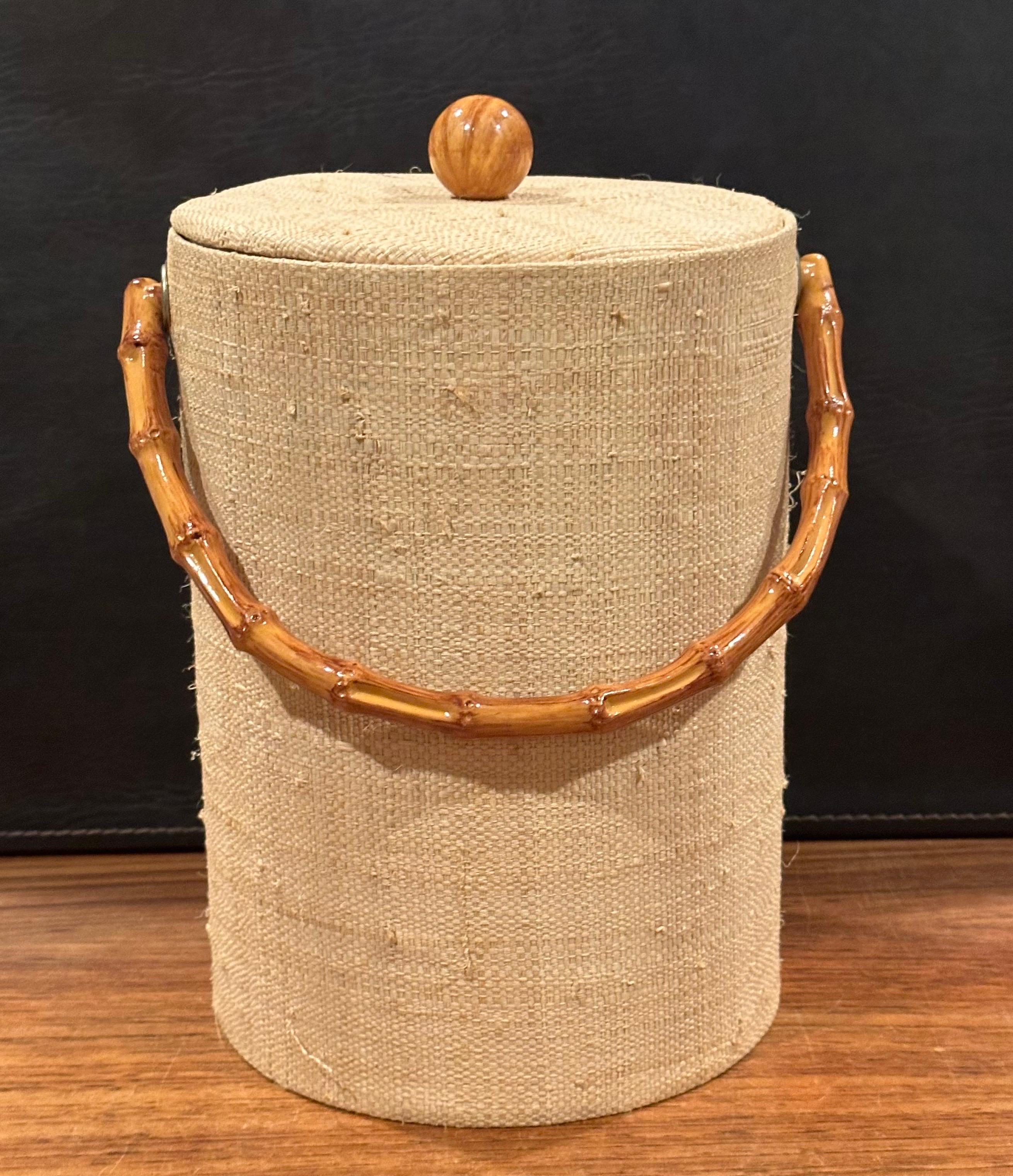 MCM Grass Cloth and Bamboo Ice Bucket with Tongs For Sale 2