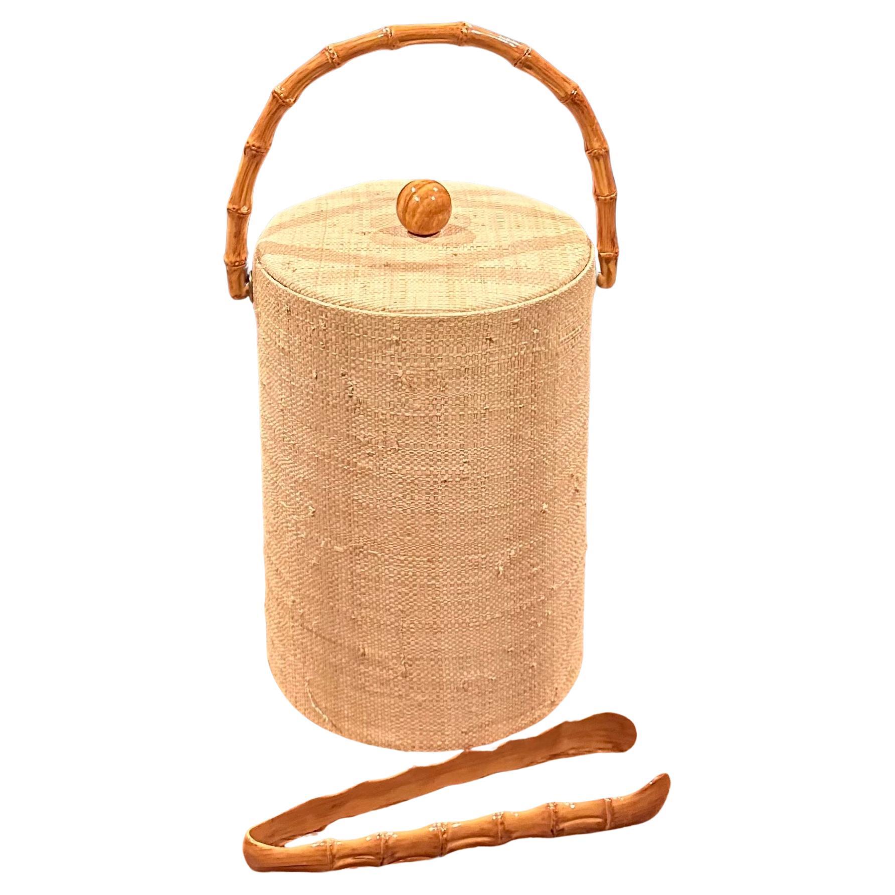 MCM Grass Cloth and Bamboo Ice Bucket with Tongs For Sale