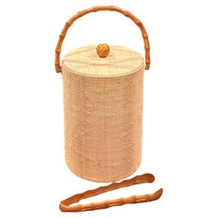 Retro MCM Grass Cloth and Bamboo Ice Bucket with Tongs