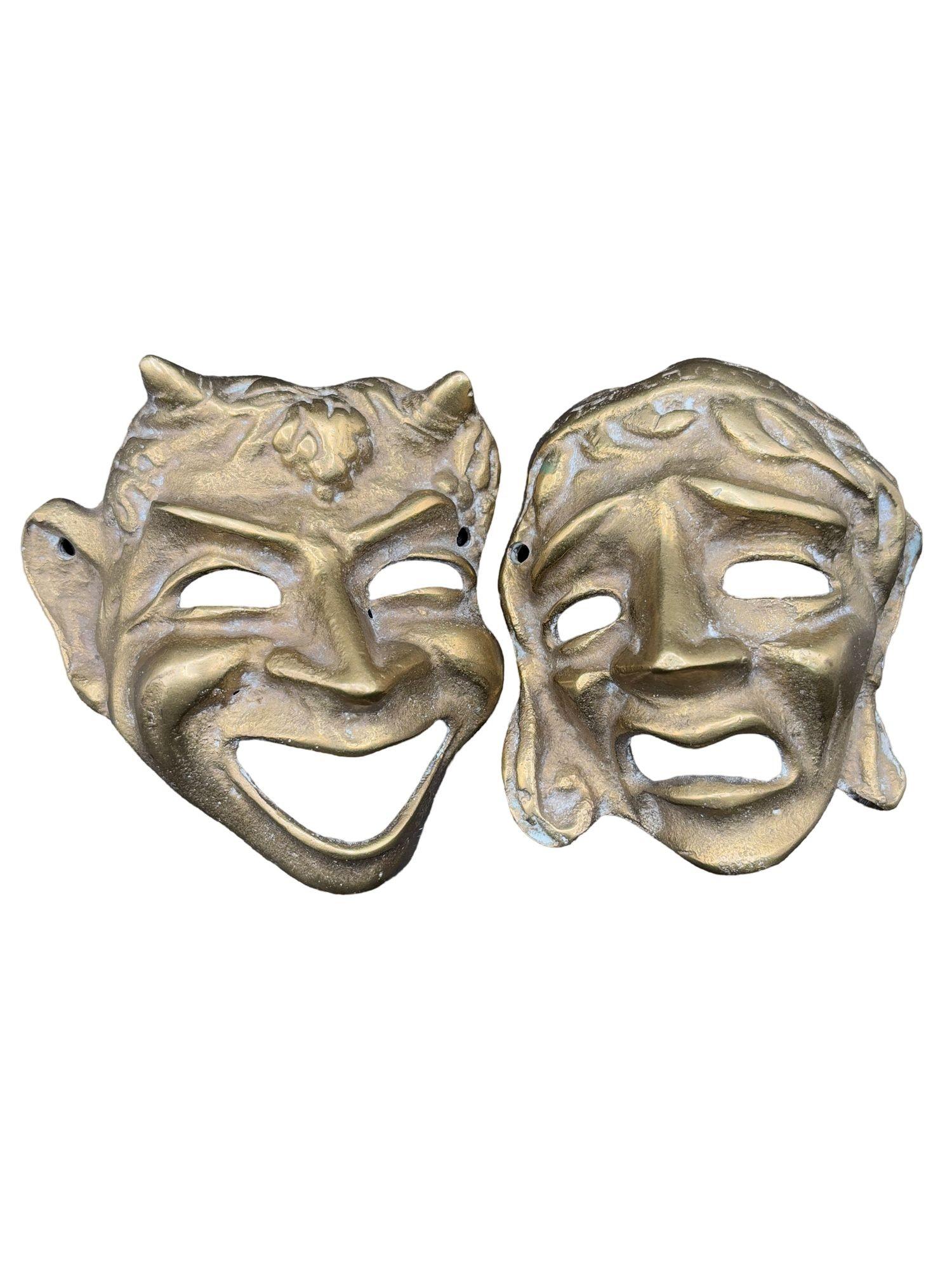 MCM Máscaras de Teatro Griego Comedia y Tragedia Escultura de Pared Fundida a Mano en Bronce Pareja Italiano en venta