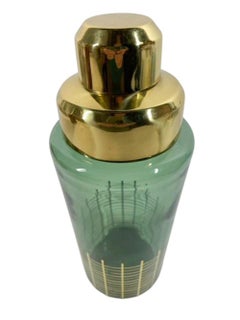 MCM - Green Glass Cocktail Shaker with Gold Grid Decoration at Base and Gold Lid