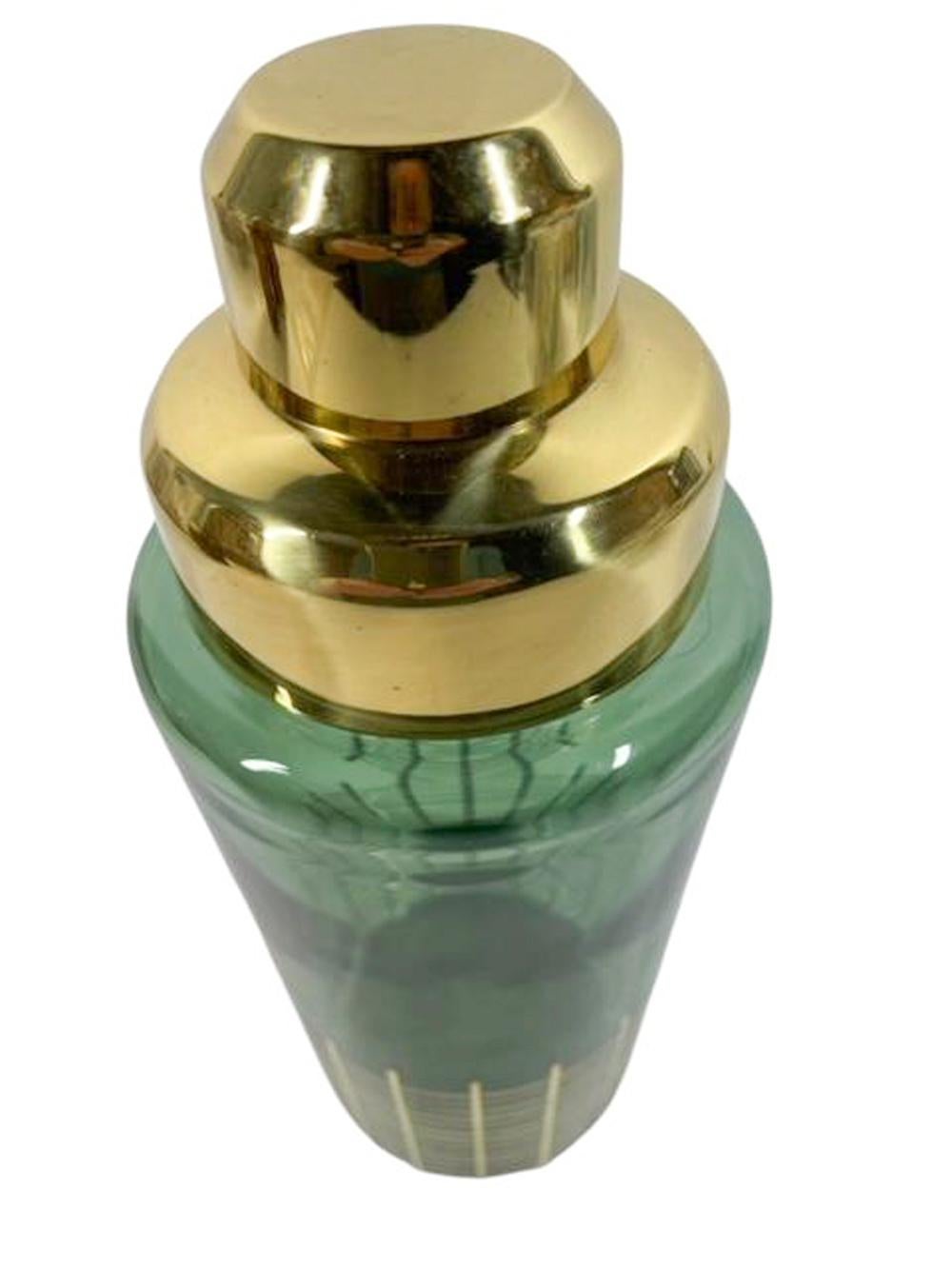 Mid-Century Modern MCM - Green Glass Cocktail Shaker with Gold Grid Decoration at Base and Gold Lid For Sale