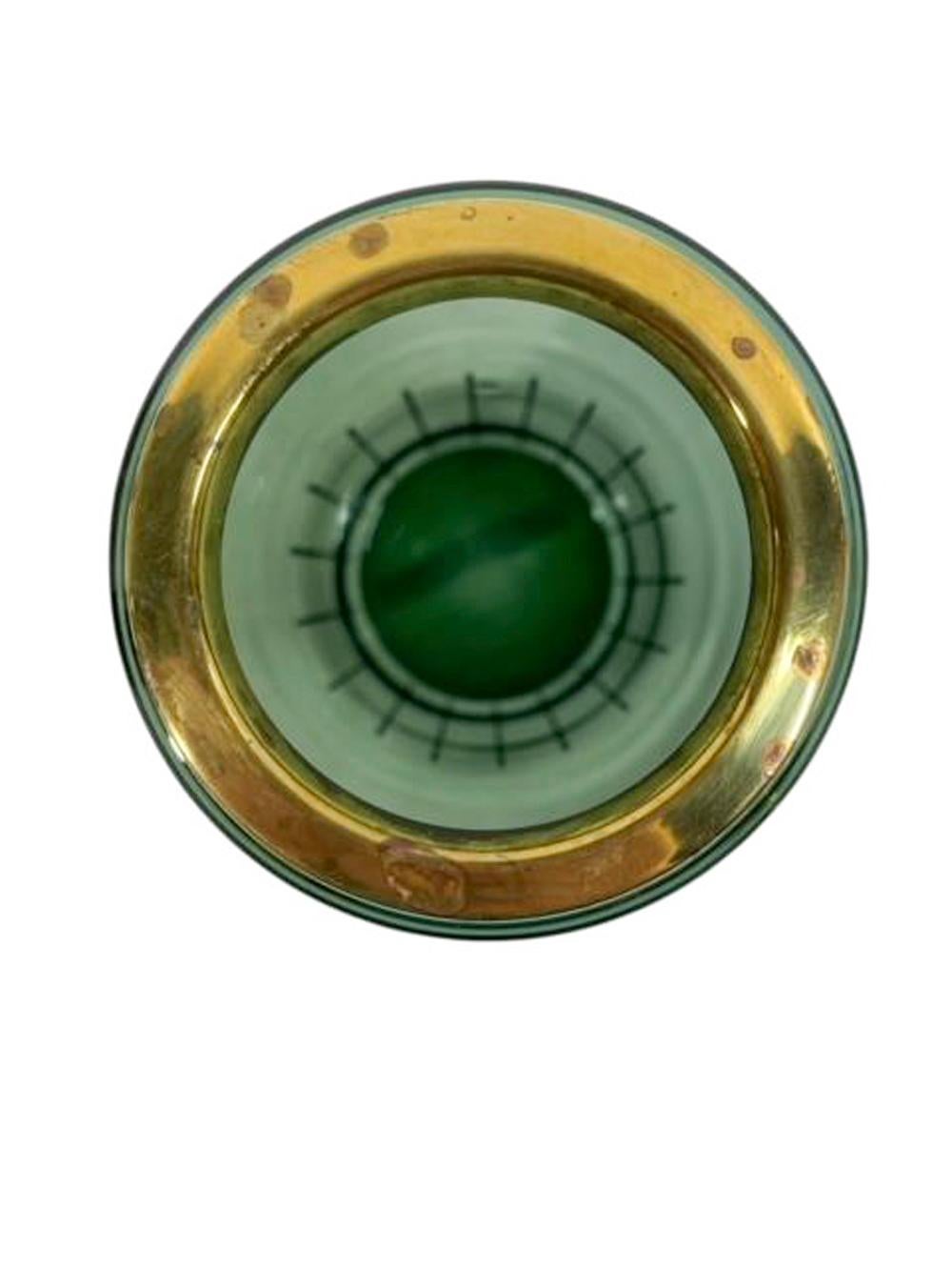20th Century MCM - Green Glass Cocktail Shaker with Gold Grid Decoration at Base and Gold Lid For Sale
