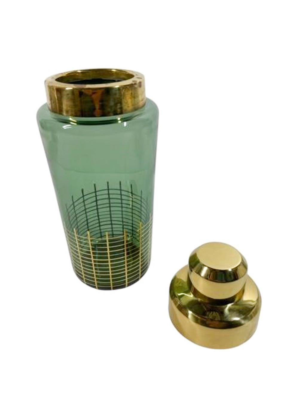 Metal MCM - Green Glass Cocktail Shaker with Gold Grid Decoration at Base and Gold Lid For Sale