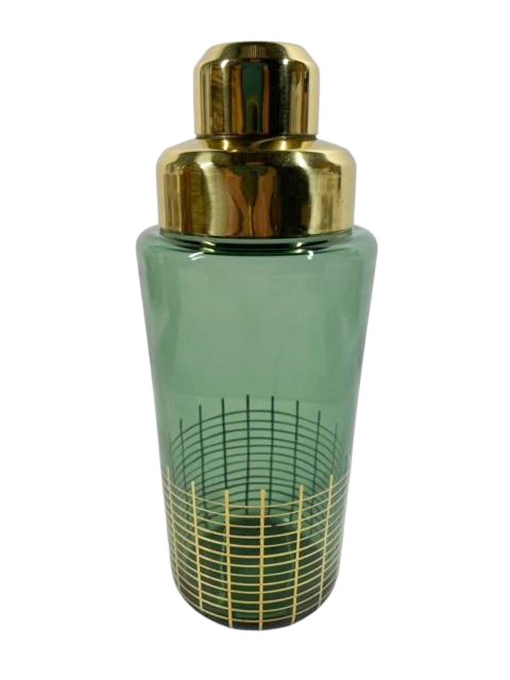 MCM - Green Glass Cocktail Shaker with Gold Grid Decoration at Base and Gold Lid For Sale 1