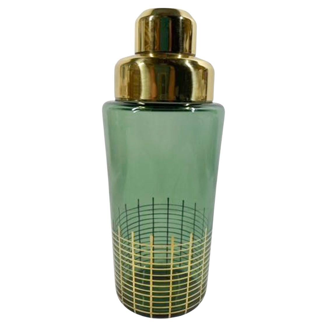 MCM - Green Glass Cocktail Shaker with Gold Grid Decoration at Base and Gold Lid