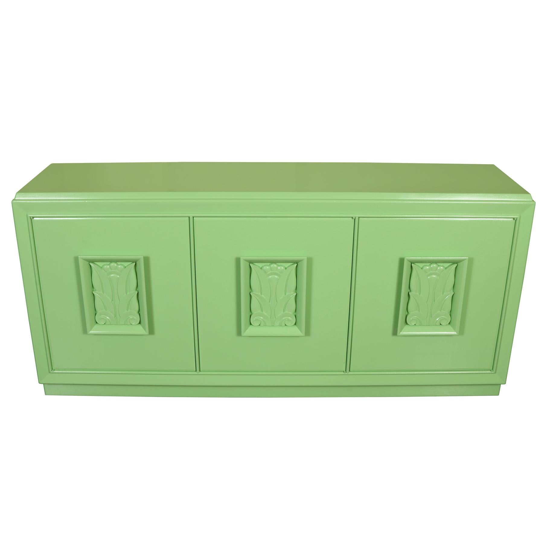 Hand-Painted MCM Green Lacquered Credenza with Raised Palm Leaf Relief