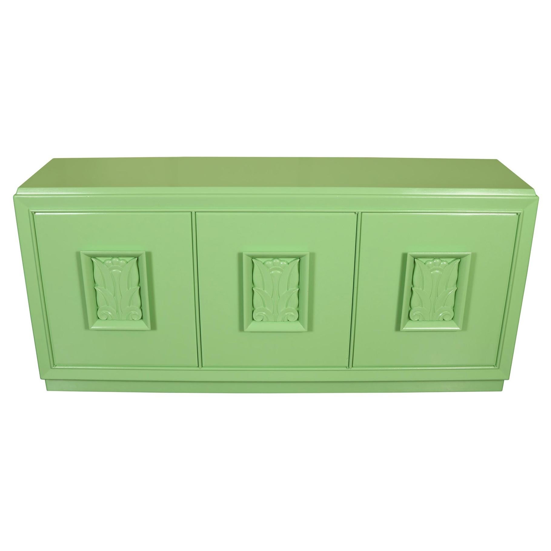 MCM Green Lacquered Credenza with Raised Palm Leaf Relief