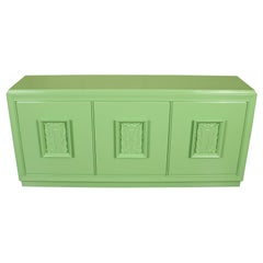 MCM Green Lacquered Credenza with Raised Palm Leaf Relief