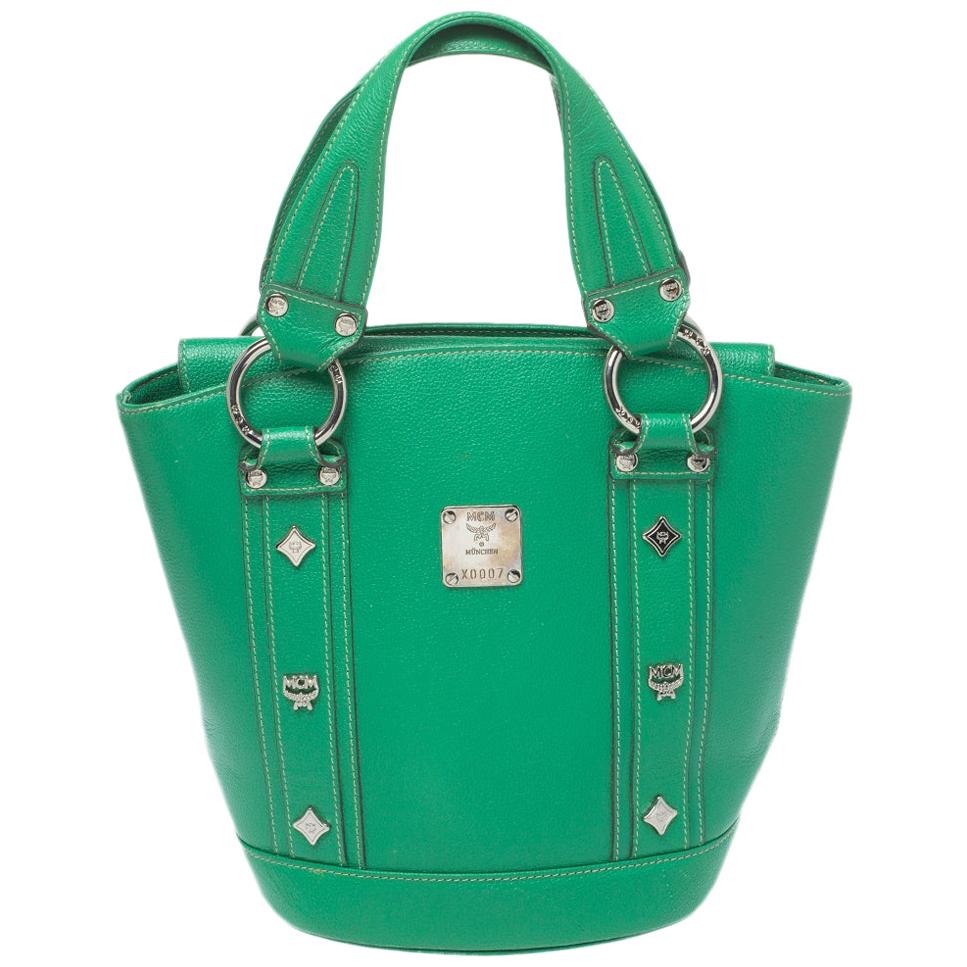 MCM Green Leather Studded Flap Bucket Bag