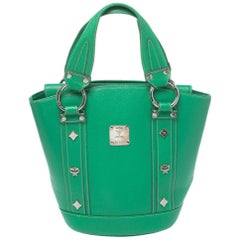 MCM Green Leather Studded Flap Bucket Bag