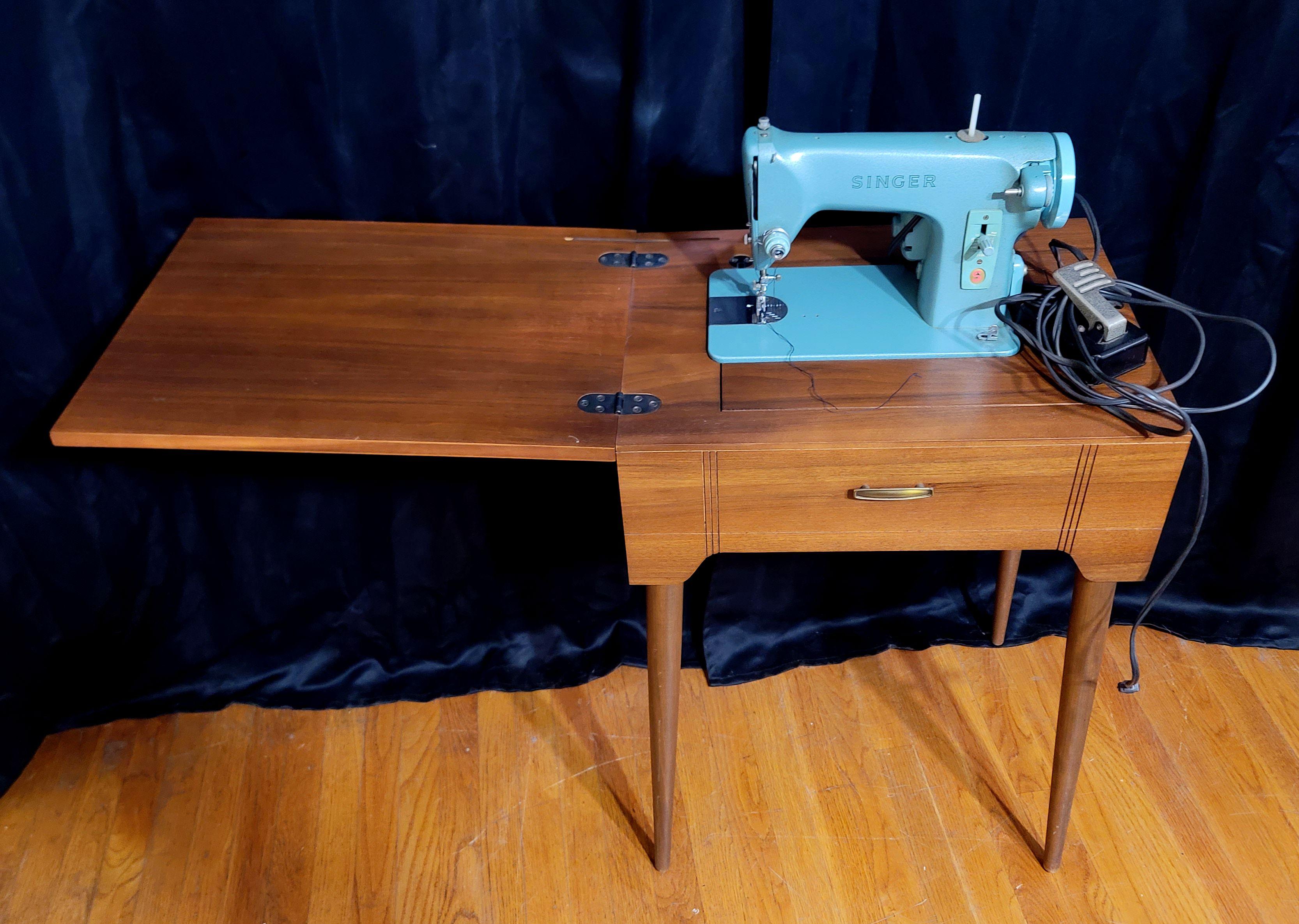 MCM Green Singer Sewing Machine in Cabinet For Sale 5
