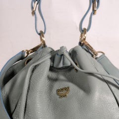 MCM Grey-blue Drawstring Bucket Hobo 2way 869700 Grey Leather Shoulder Bag
