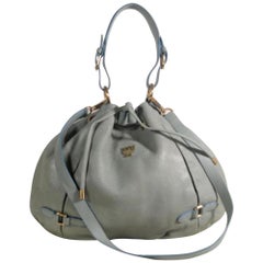 MCM Grey-blue Drawstring Bucket Hobo 2way 869700 Grey Leather Shoulder Bag