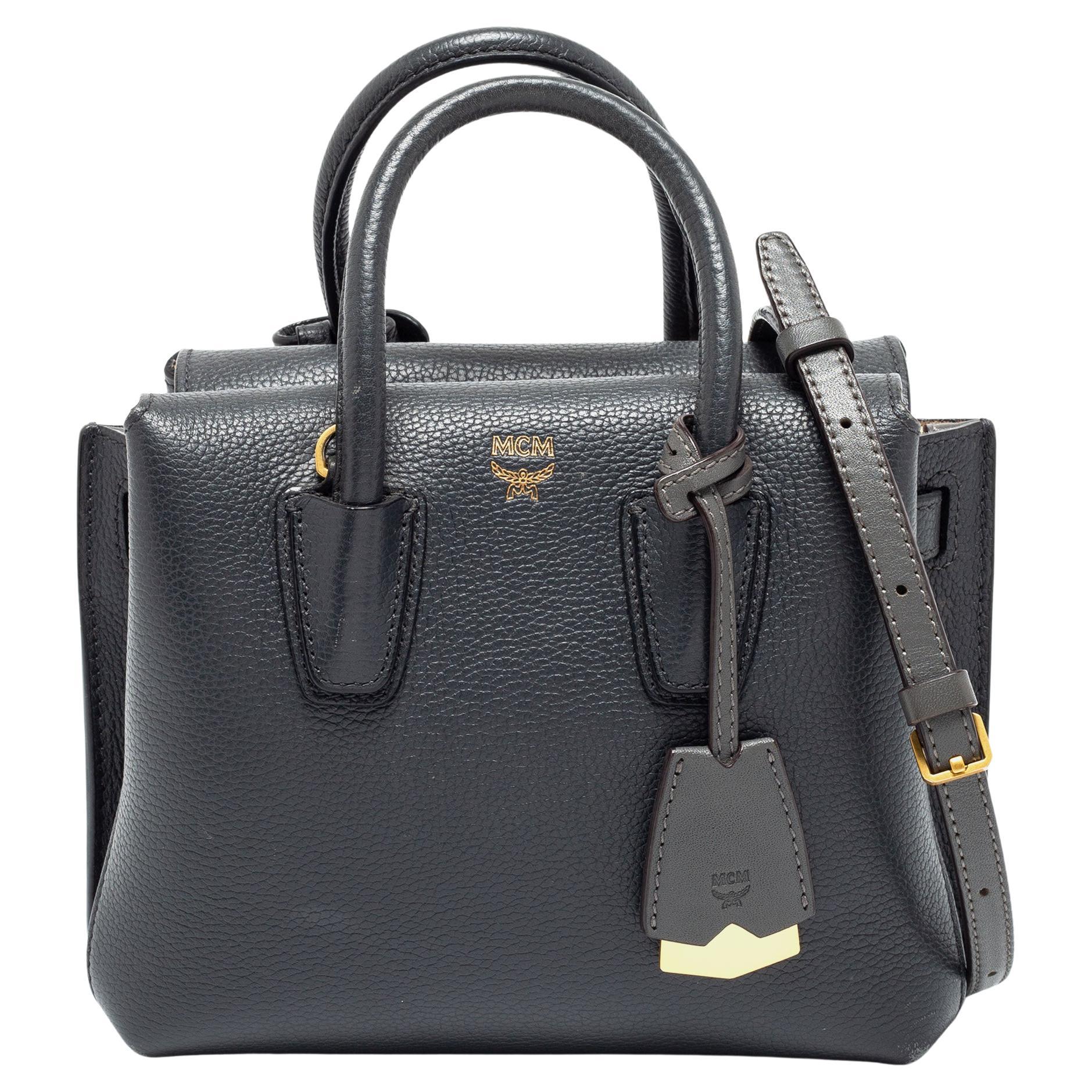 MCM Studded Bucket 868497 Black Coated Canvas Tote For Sale at 1stDibs