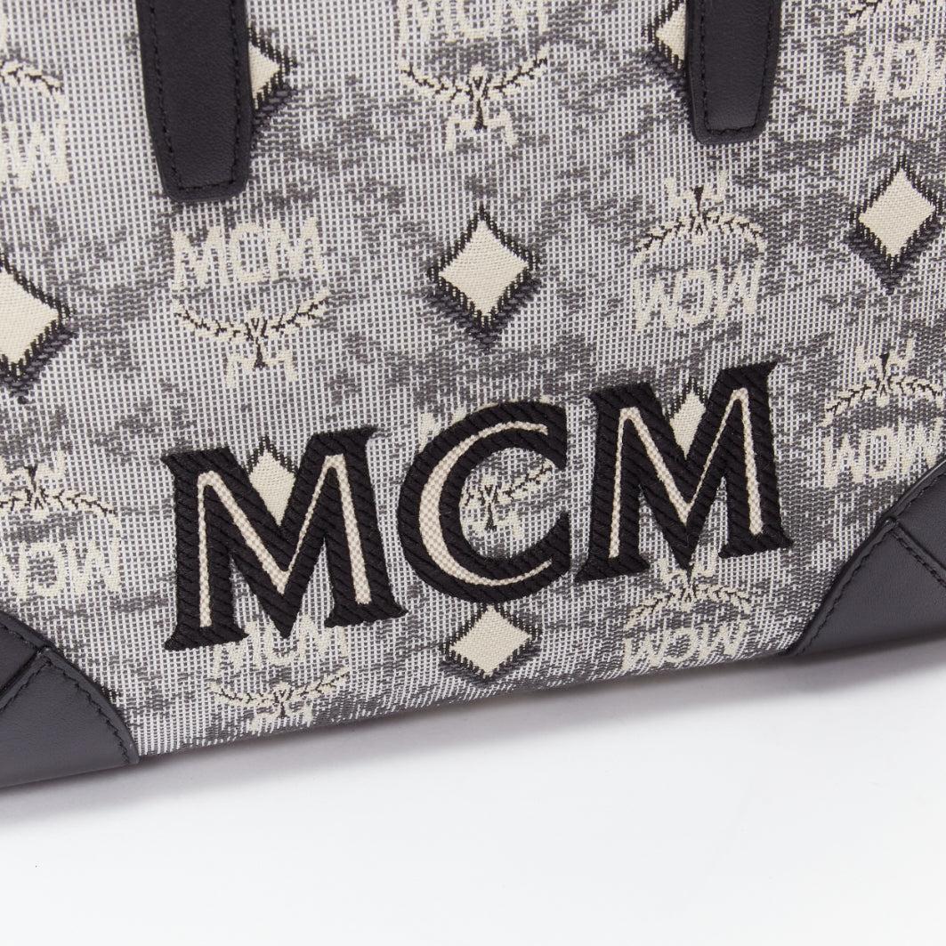 MCM grey vintage logo jacquard canvas embroidery small tote bag For Sale 1