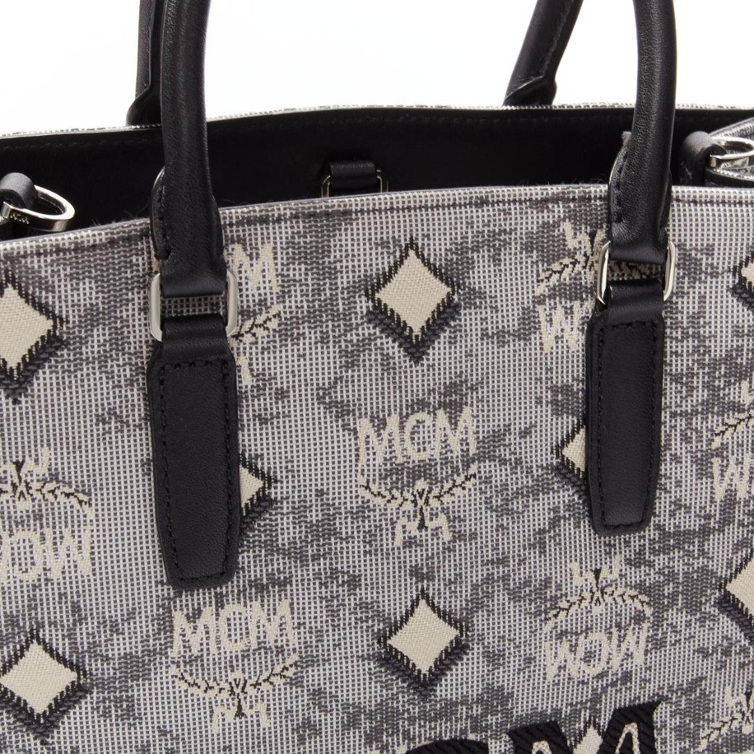 MCM grey vintage logo jacquard canvas embroidery small tote bag For Sale 2