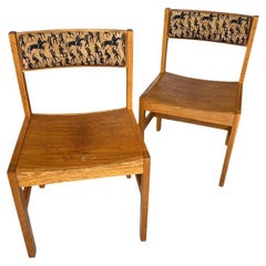 Vintage MCM Gunlocke Wood Side Chairs with South West Print Stitched Leather Backs - 2