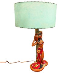 MCM Hand Painted Hawaiian Hula Resin Table Lamp by Santana w/ Wipplestitch Shade