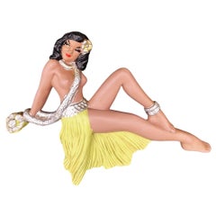 MCM Hawaiian Art Pottery Nude Pin-up Yellow Hula Girl Wall Sculpture, Pair