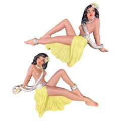MCM Hawaiian Art Pottery Nude Pin-up Yellow Hula Girl Wall Sculpture, Pair