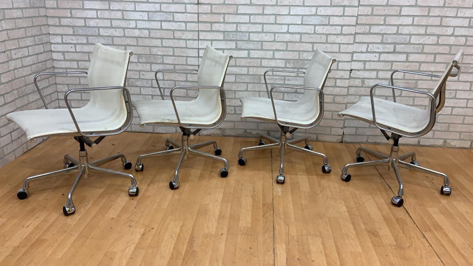 Hand-Crafted MCM Herman Miller Style Low Back White Mesh Office Chairs, Set of 4
