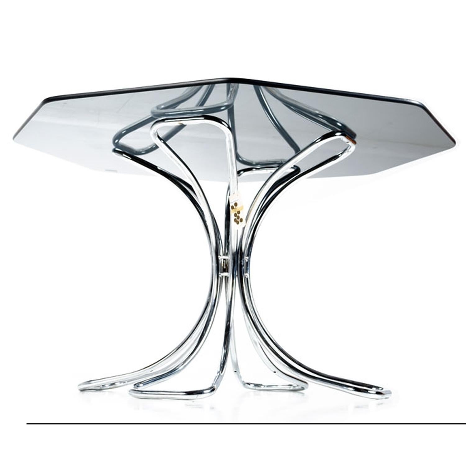 MCM Hexagonal Smoked Glass Tubular Chrome Table Tufted Scoop Chairs Dinette Set en vente 8
